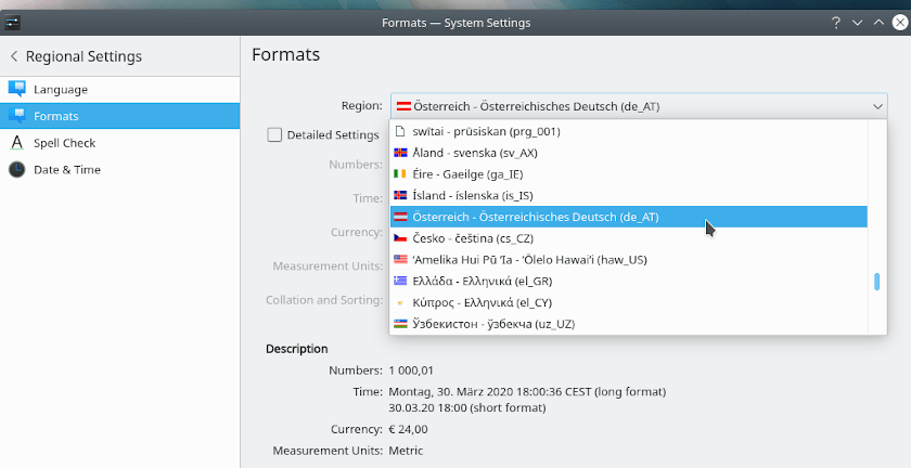Regional settings to change system language and format: de_AT for Austrian German